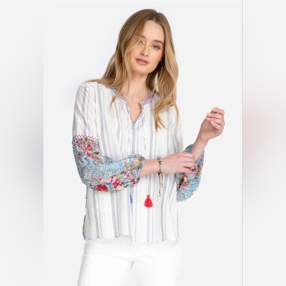 Johnny Was Effortless Striped Puff-Sleeve Peasant Blouse Floral Size Large